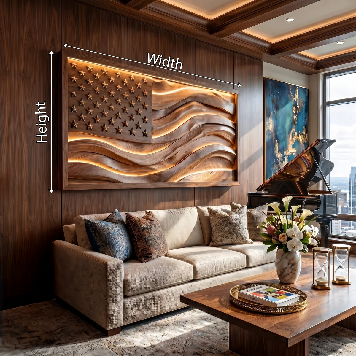 Illuminated American Flag Wood Wall Art, Backlit Handcrafted USA Patriotic Wooden Flag Sign for Office, Study & Living Room decor