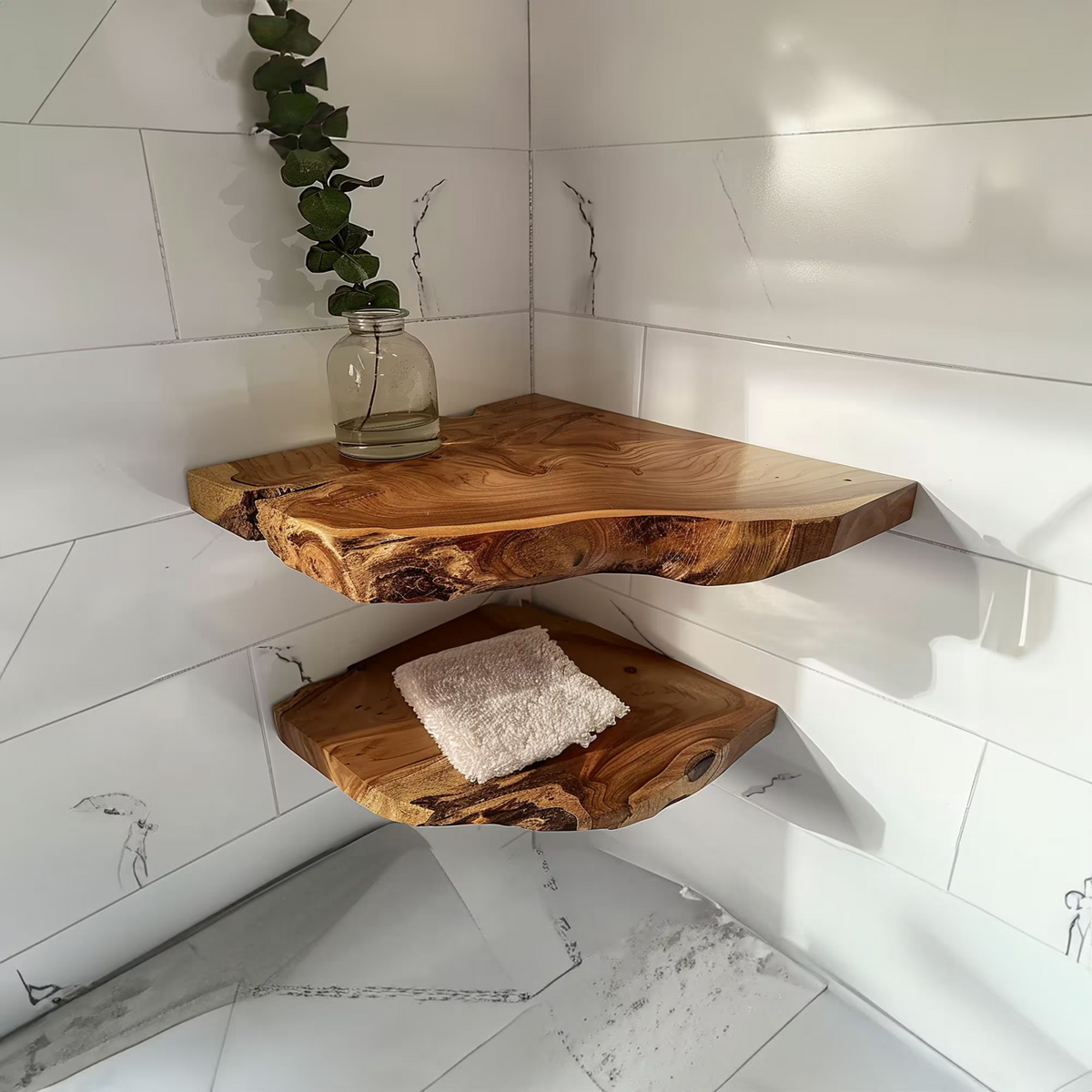 Floating Corner Shelves, Solid Wood Wall Display Shelf for Decor