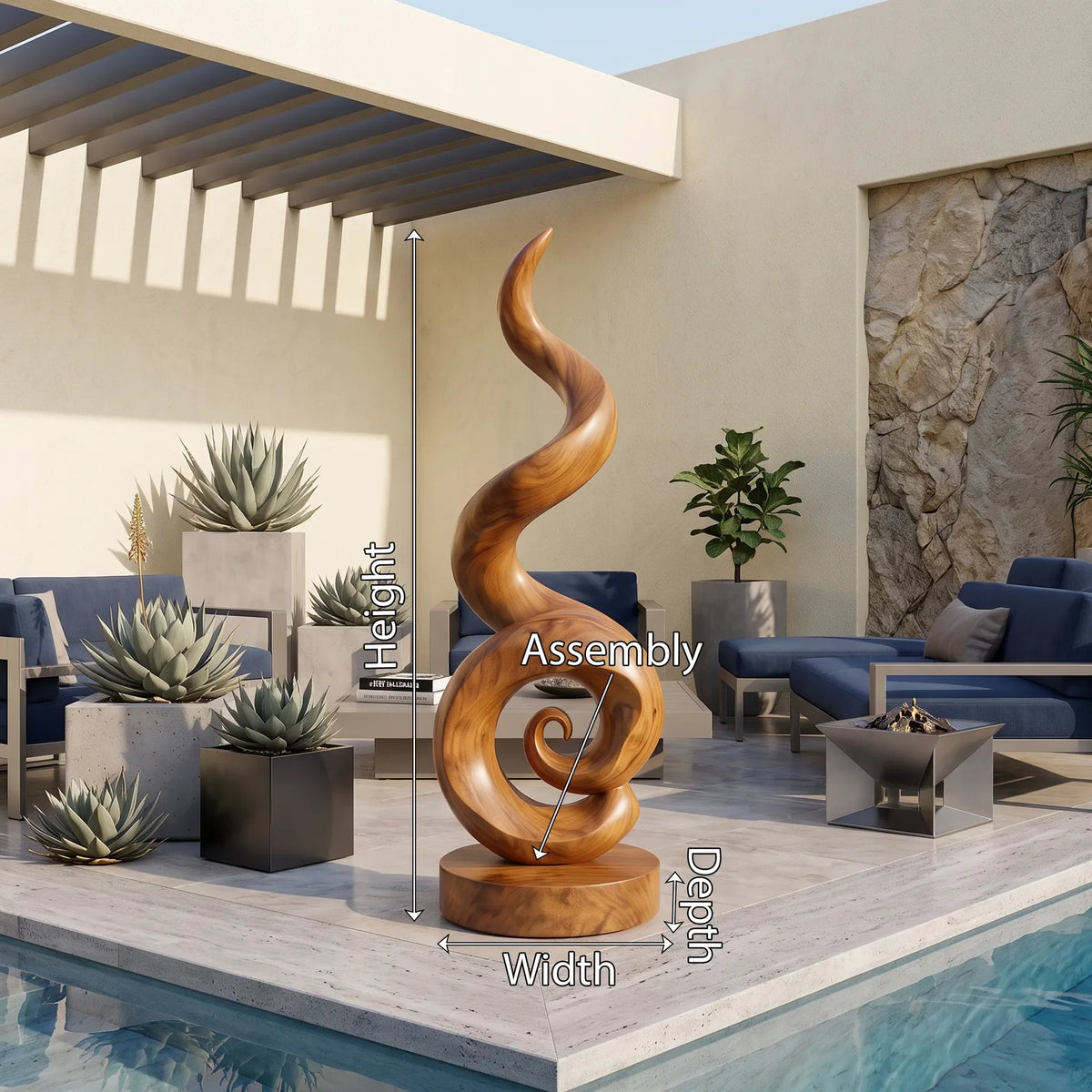 Coastal Spiral Wood Sculpture For Luxury Poolside Patio Decor