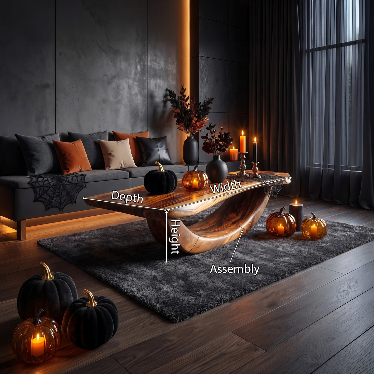 Farmhouse Wooden Live Edge Coffee Table, Dark Reclaimed Solid Wood Center Cocktail Table with Metal Legs, Spooky Decor Theme