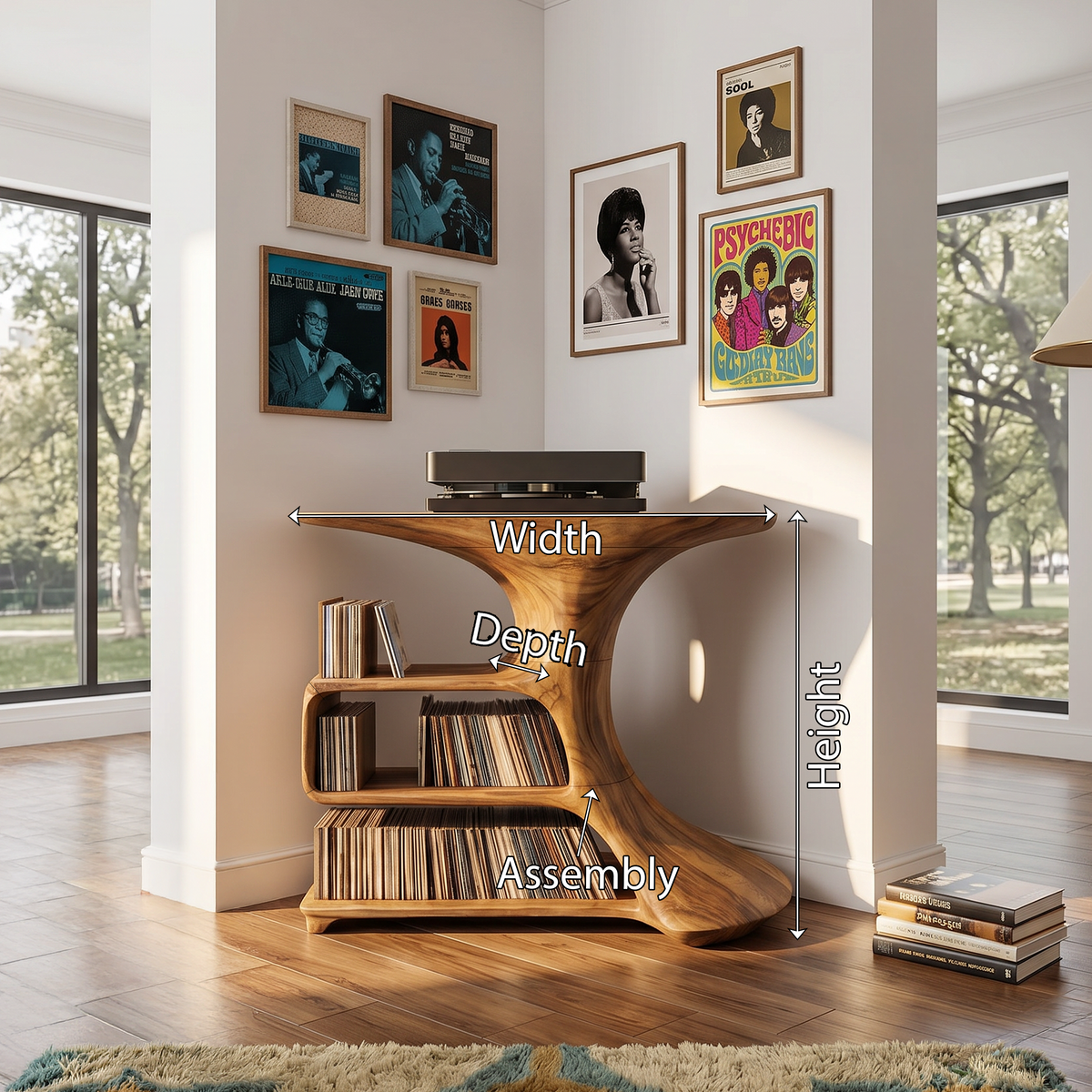 Mid Century Record Stand, Solid Wood Media Console for Bedroom