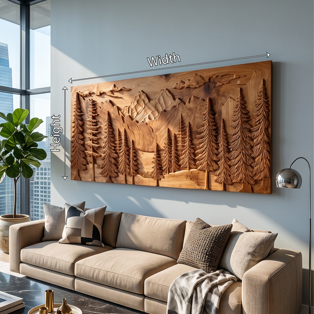 Luxury Carved Pine Forest Wood Wall Art, 3D Handcrafted Woodland Tree Nature Landscape Panel for Cabin Lodge Living Room Decor