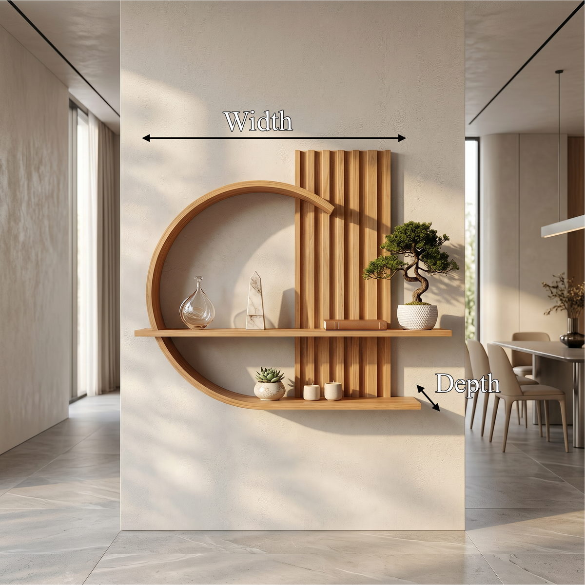 Japandi Floating Wall Shelf, Two-Tier Curved Solid Wood Display