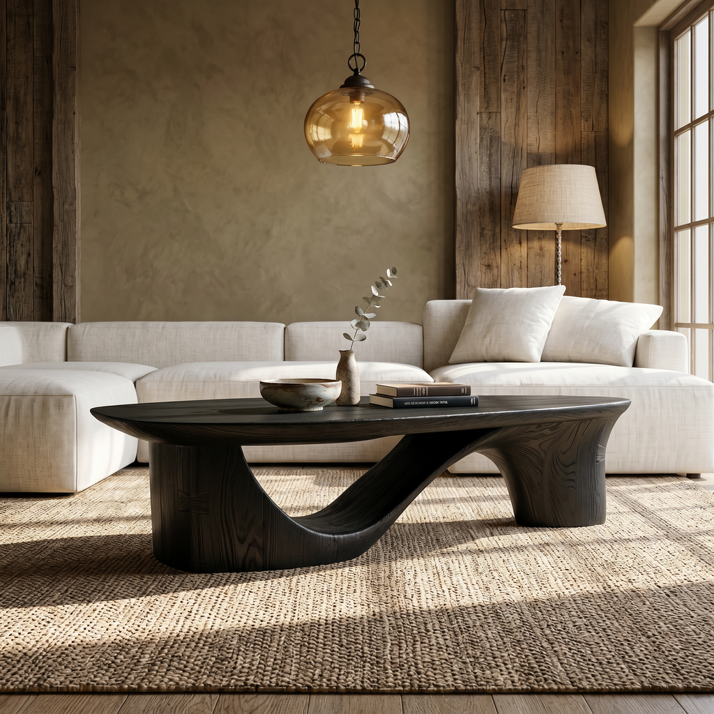 Contemporary Coffee Table With Sculptural Wooden Base For Living Room