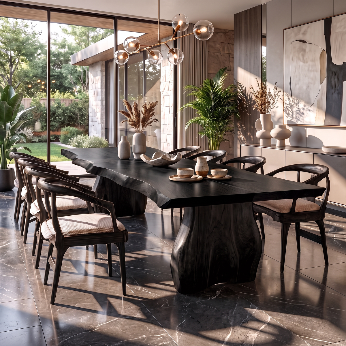 Contemporary Dining Table With Asymmetrical Natural Edge Top For Dining Room