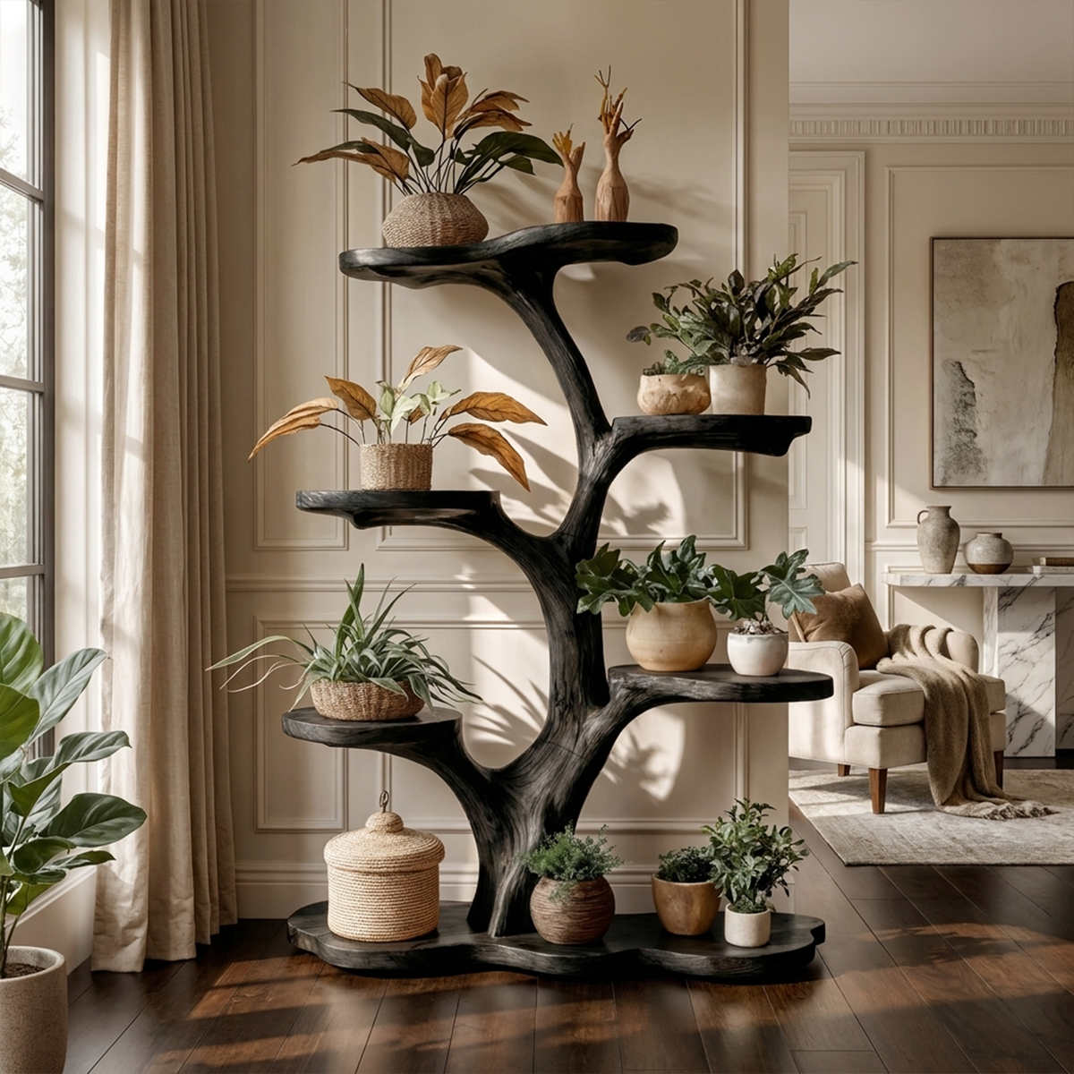 Tree Plant Shelf, Rustic Indoor Plant Stand from Old Tree Trunk