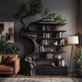 Tree Bookshelf with Storage Cabinet, Rustic Wood Branch Bookcase