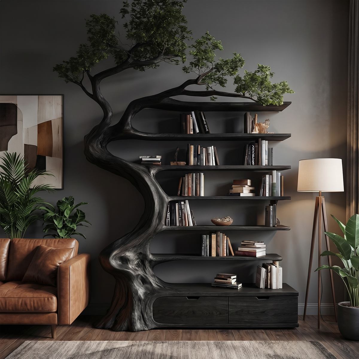 Tree Bookshelf with Storage Cabinet, Rustic Wood Branch Bookcase