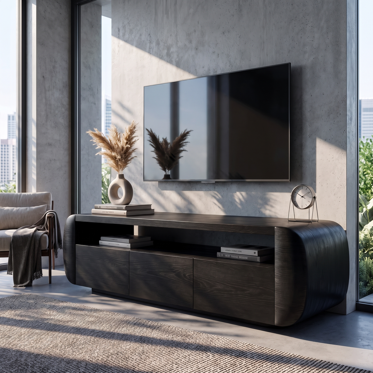 Contemporary TV Cabinet With Sculptural Wood Form For Living Room And Family Room