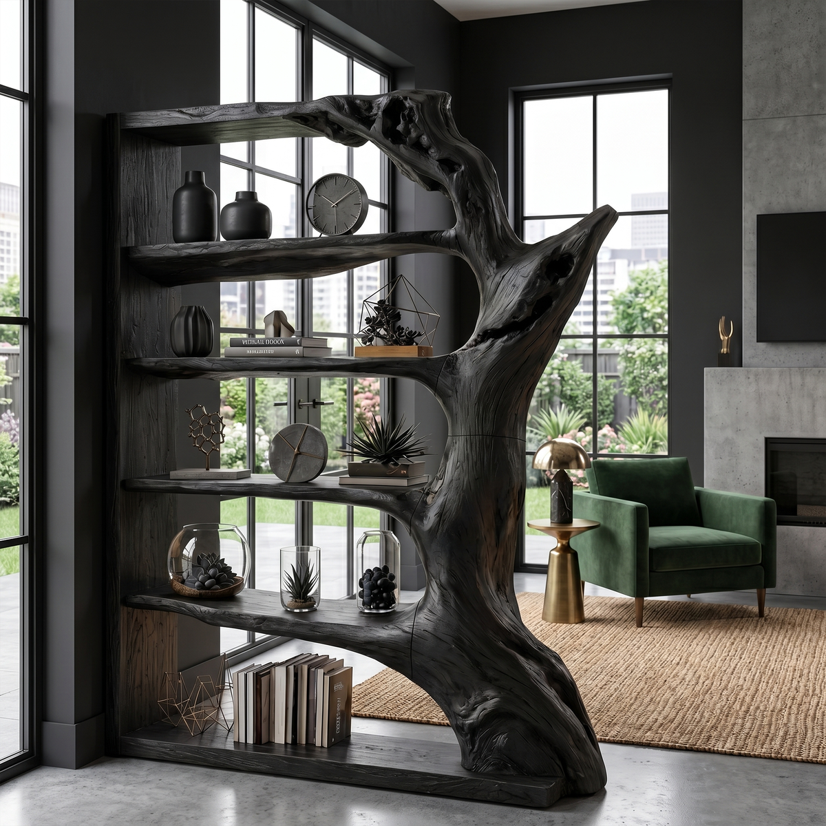 Contemporary Tree Bookshelf, Artistic Solid Wood Branch Book Display Rack Organizer