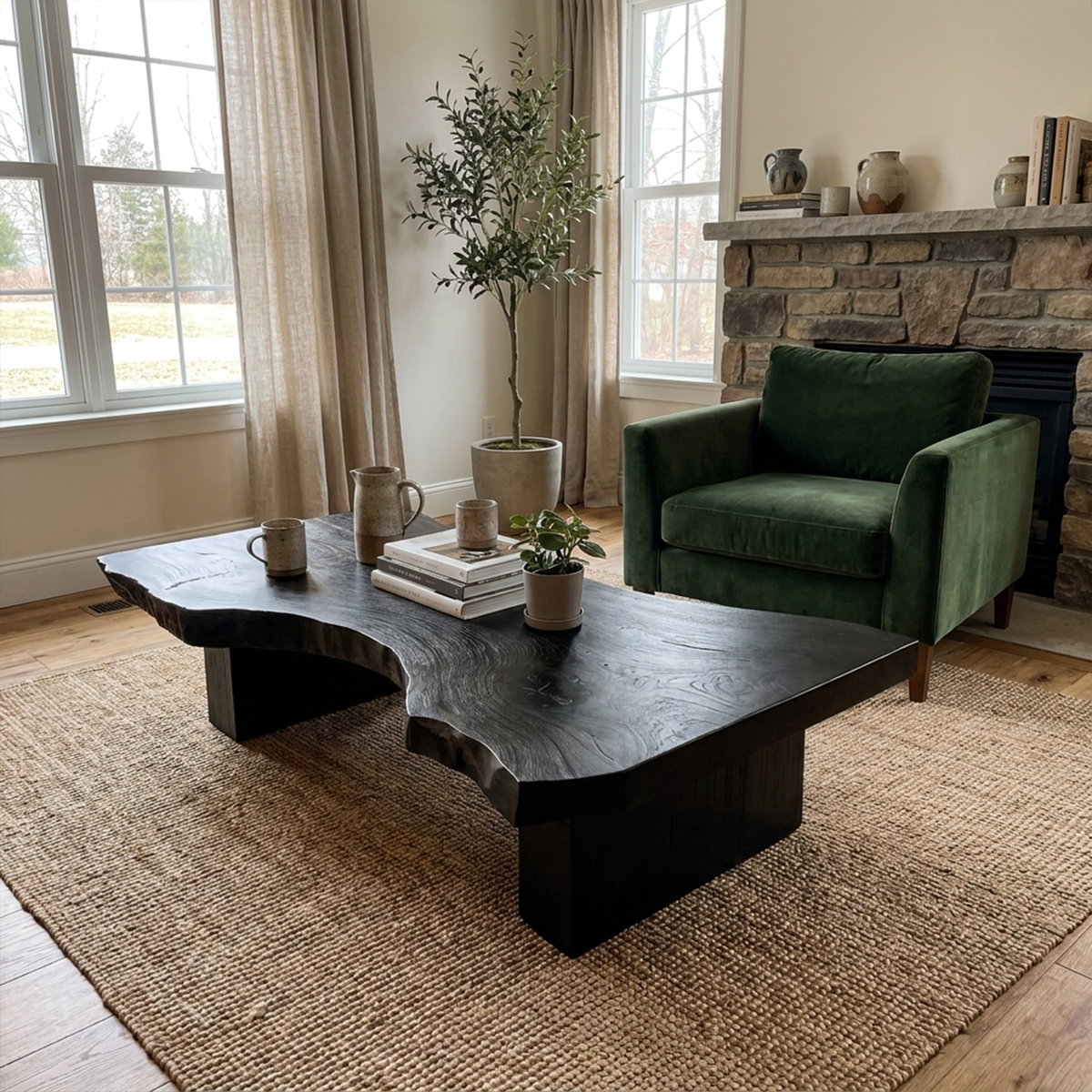 Live Edge Coffee Table, Rustic Sculptural Solid Wood Slab Centerpiece