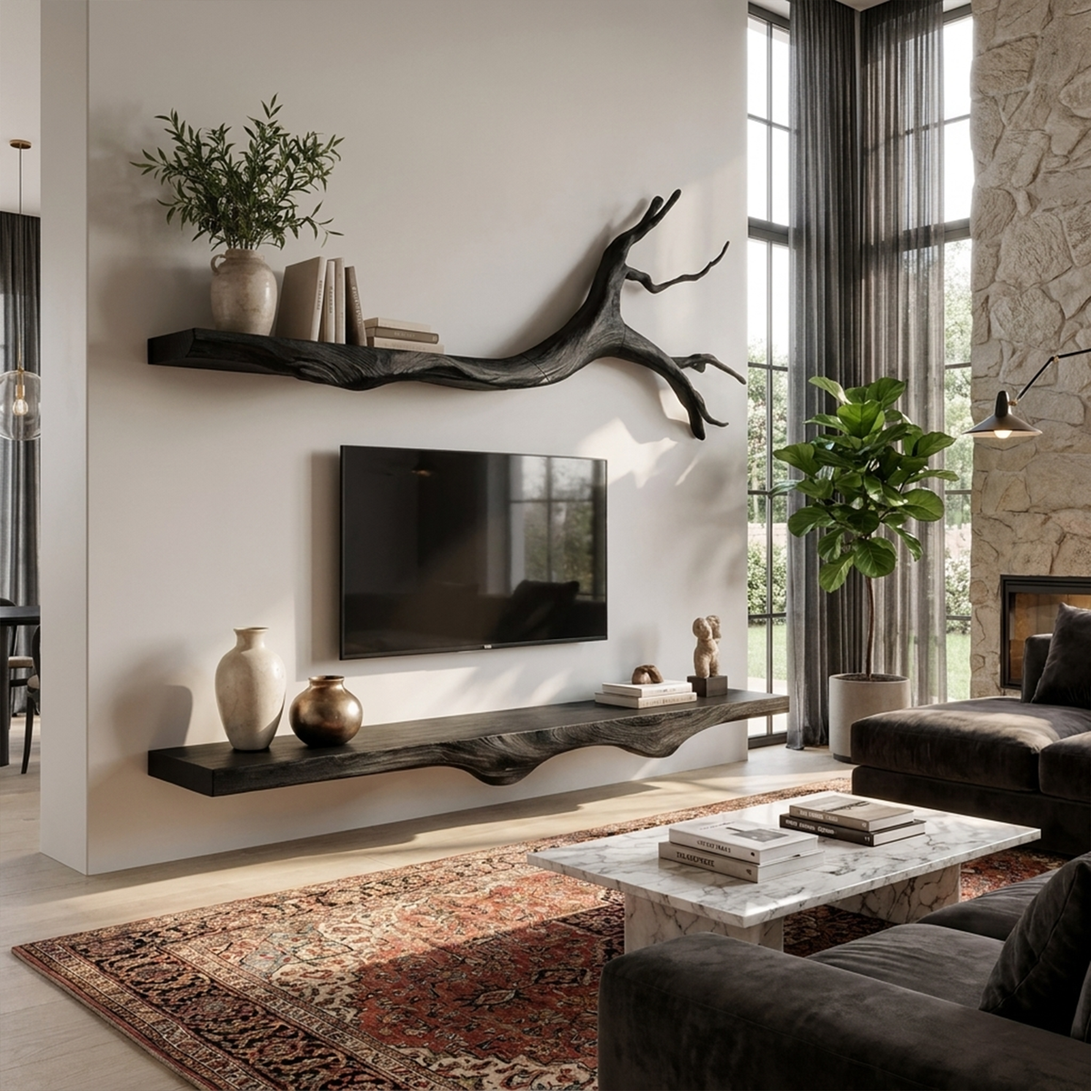 Floating TV Console Set of 2, Rustic Solid Wood Wall Media Shelves