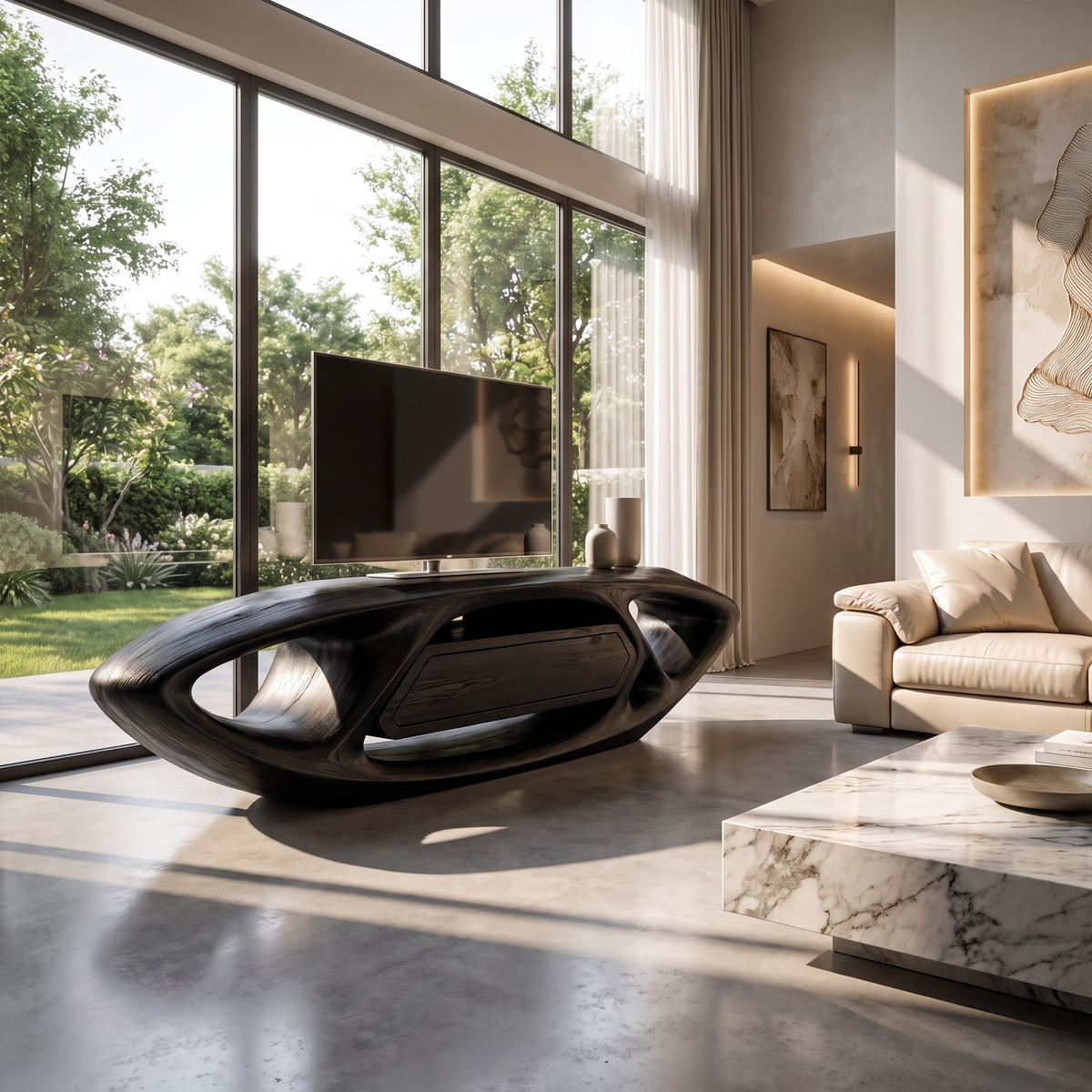 Contemporary TV Cabinet With Sculptural Oval Frame And Open Storage For Living Room