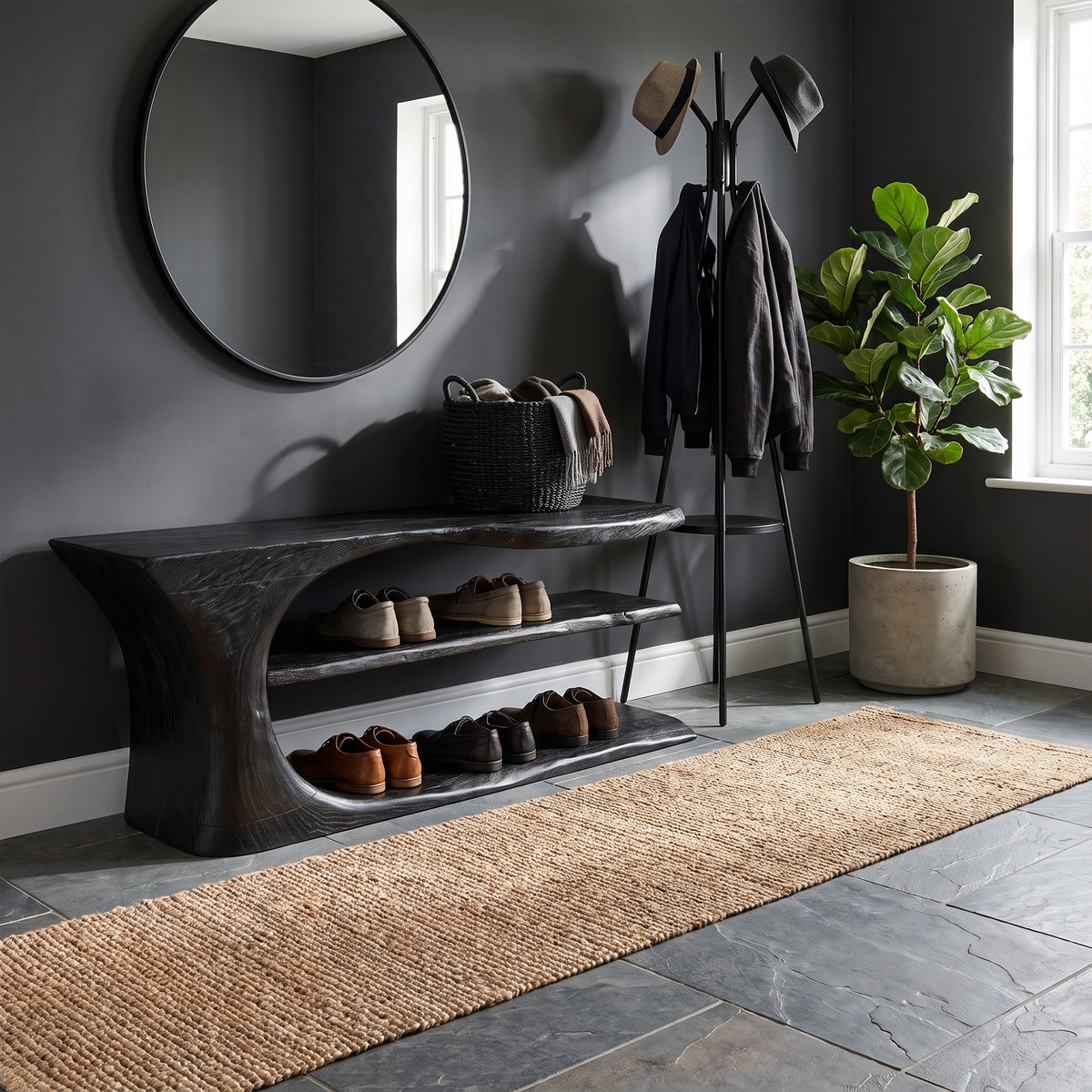 Shoe Storage Bench, Mid Century Handcrafted Solid Wood Entryway Seat