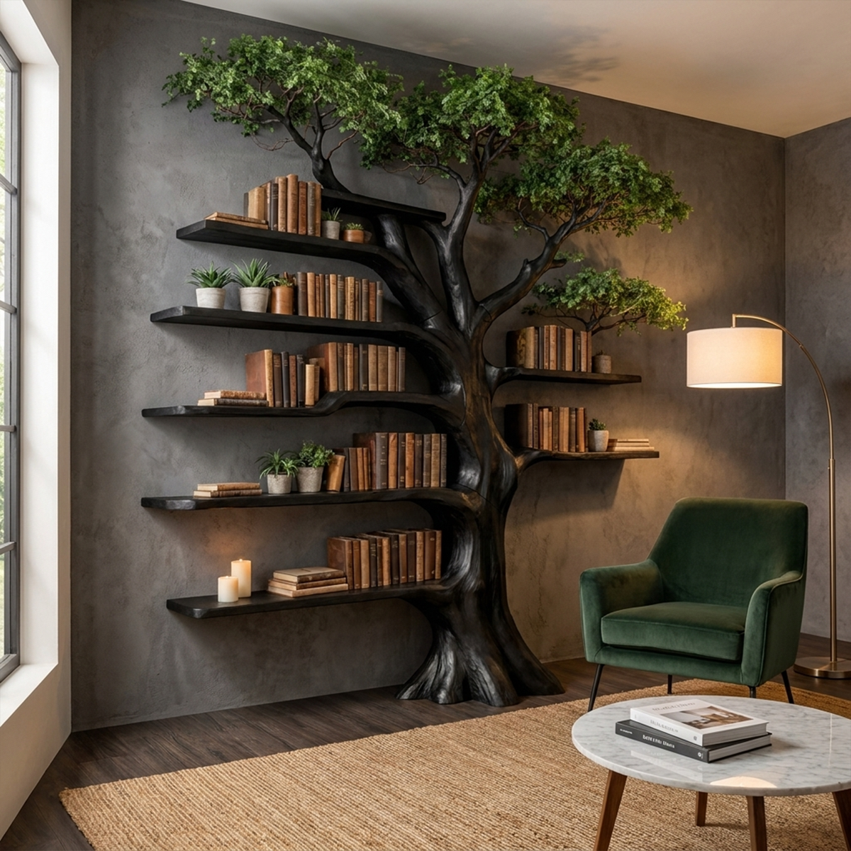 Tree Bookcase with Built-In Reading Bench, Nature Inspired Display