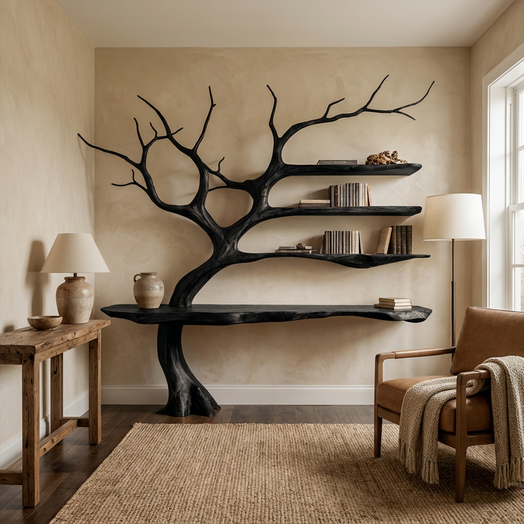 Tree Branch Console Table, Sculptural Solid Wood with Display Shelves