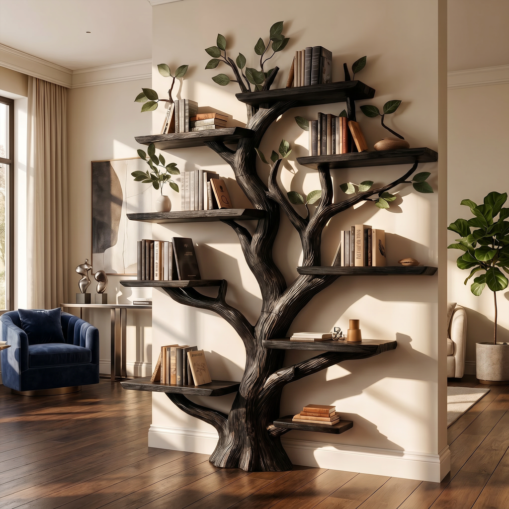 Tree Bookshelf, Large Rustic Solid Hardwood for Living or Study Room