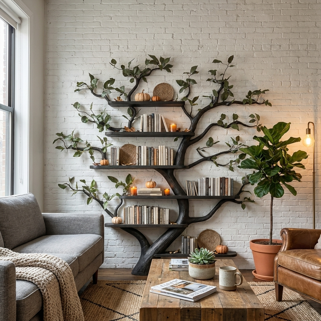 Tree Bookshelf, Mid Century Wall Mounted Solid Wood with Faux Leaves