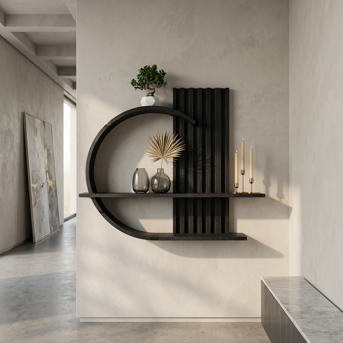 Japandi Floating Wall Shelf, Two-Tier Curved Solid Wood Display
