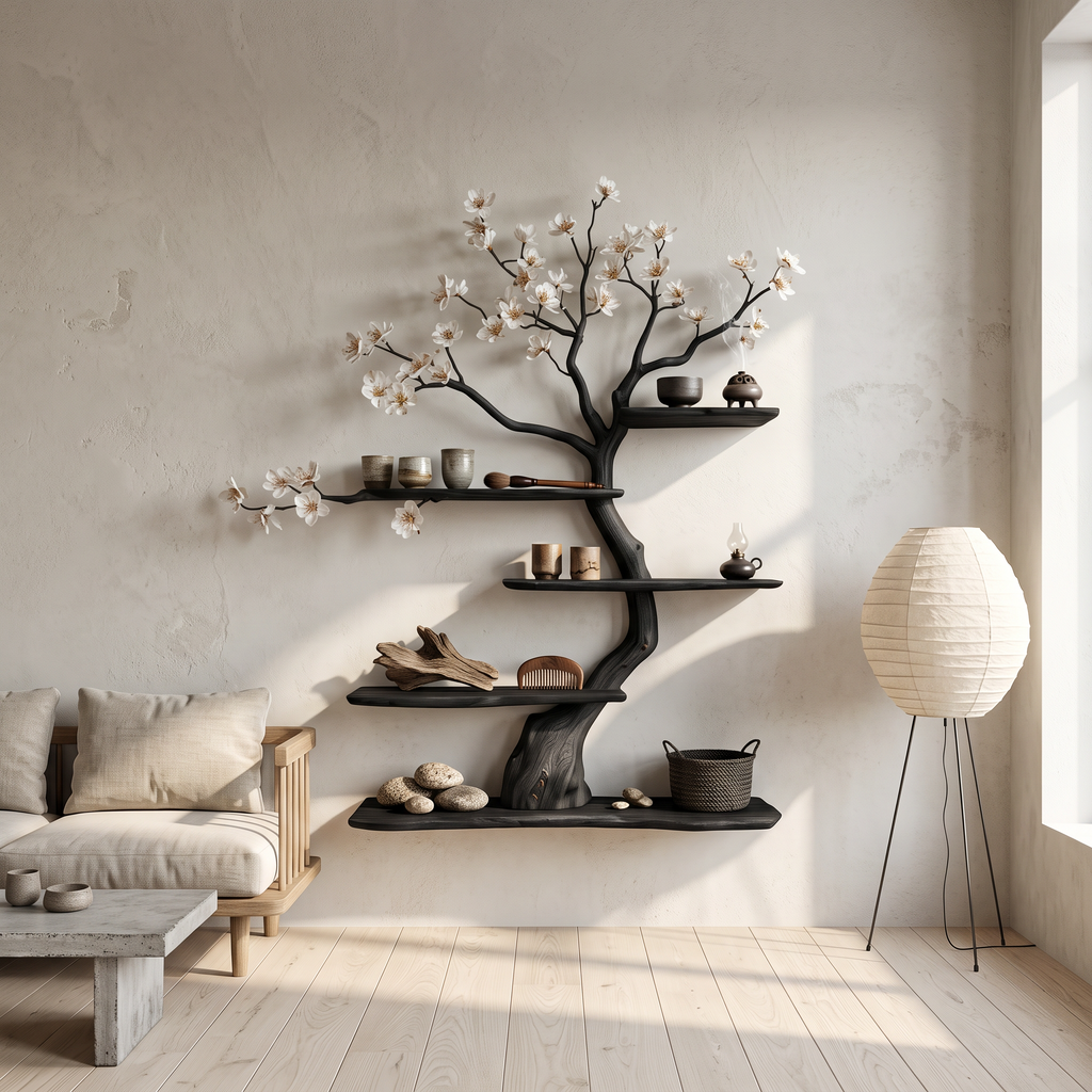 Tree Wall Shelf, Apricot Branch Solid Wood Bookshelf Art Display