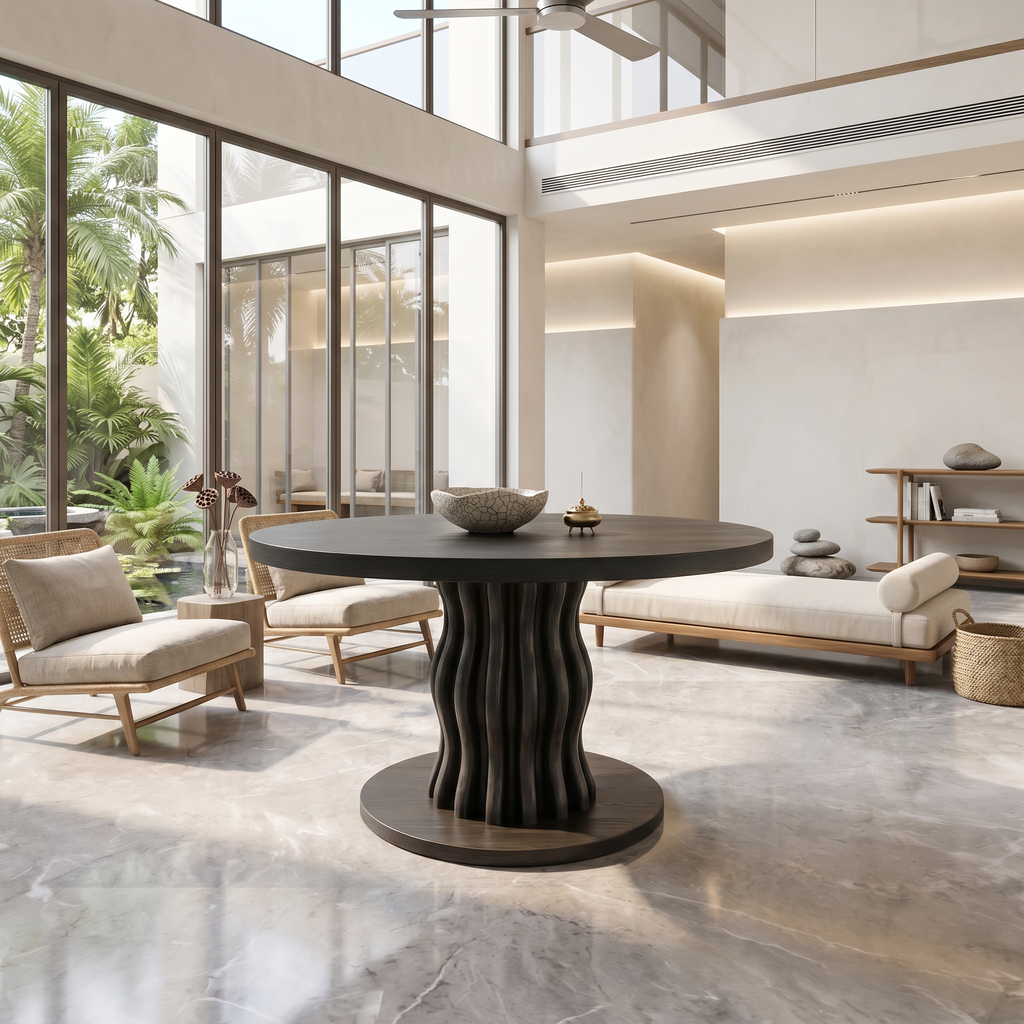 Contemporary Round Entryway Table With Wavy Vertical Form For Foyer And Living Room
