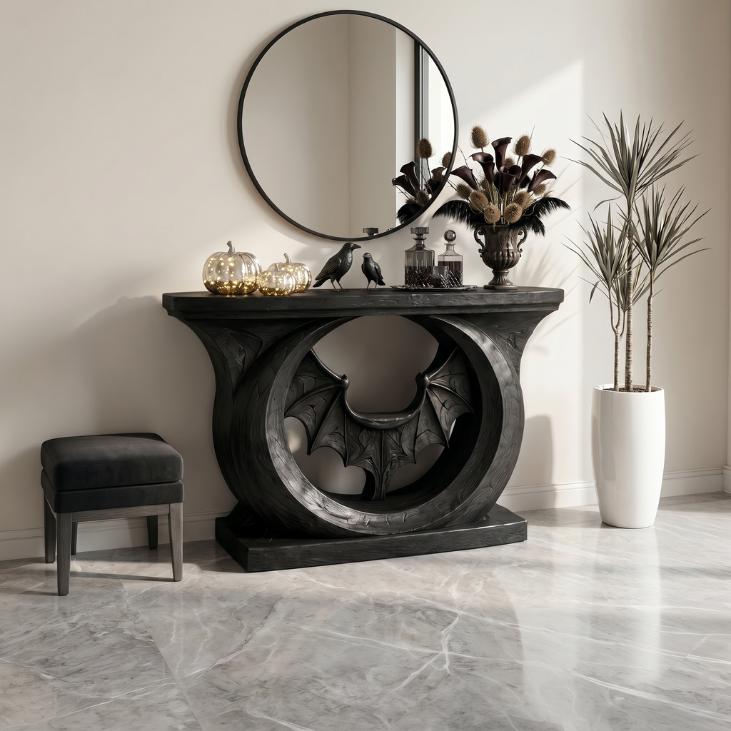 Contemporary Halloween Console Table With Sculptural Bat Design For Entryway And Living
