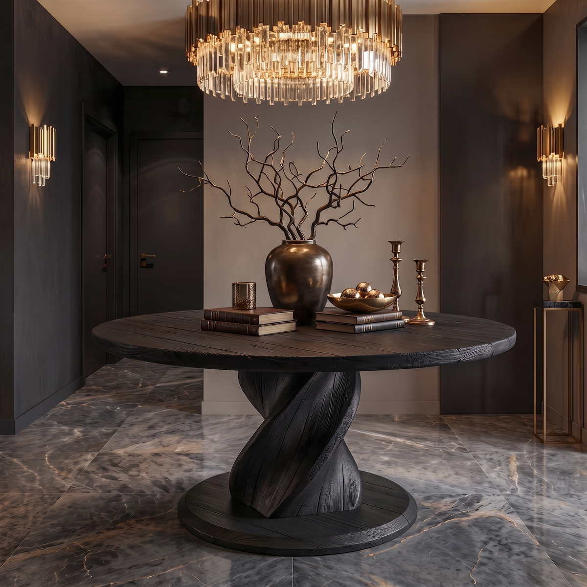Round Entry Table, Twisted Pedestal Wood Center Hall Table