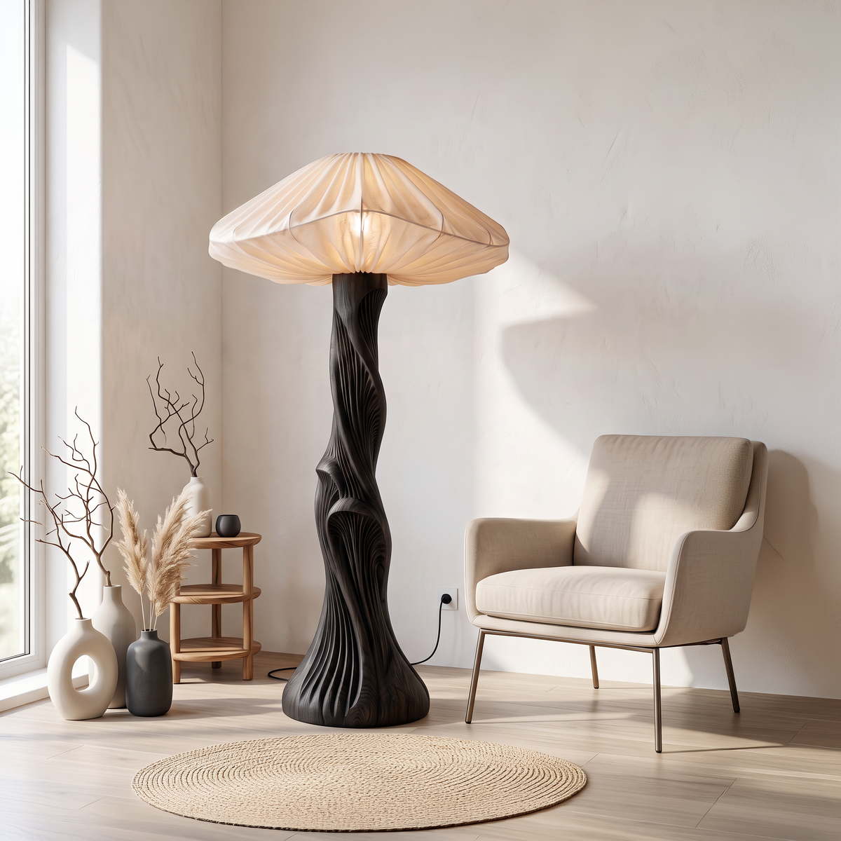 Contemporary Floor Lamp Carved Wood Mushroom Shade Pedestal Lounge