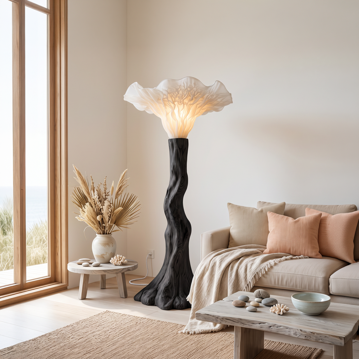 Japandi Floor Lamp Carved Mushroom Base Living Room