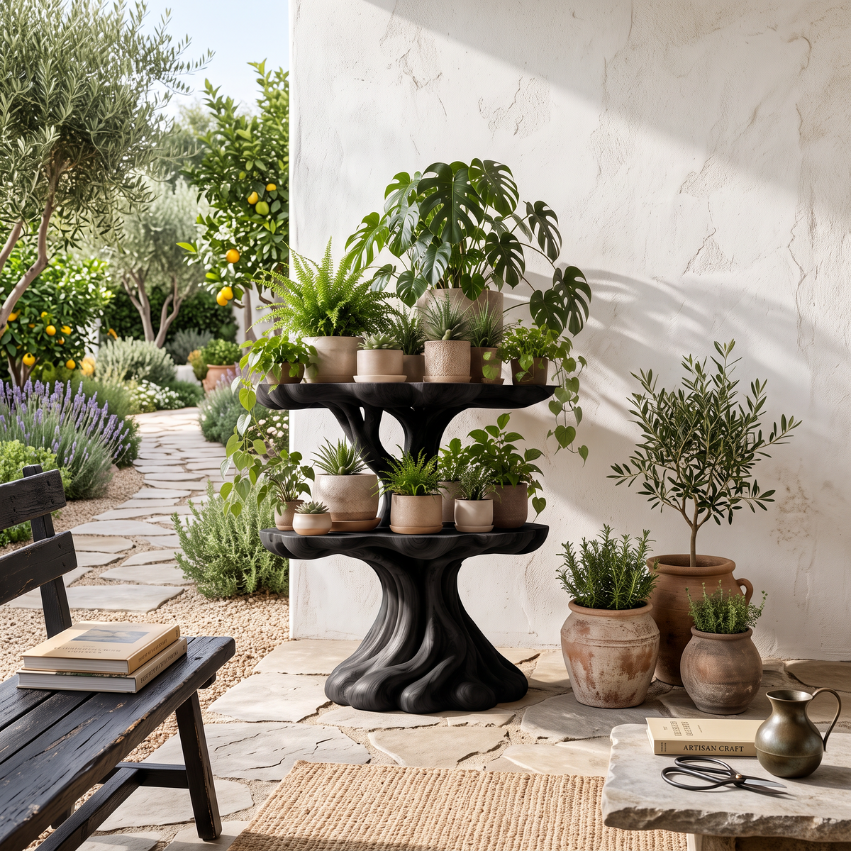 Contemporary Tiered Plant Shelf With Organic Branch Design For Living Room And Entryway
