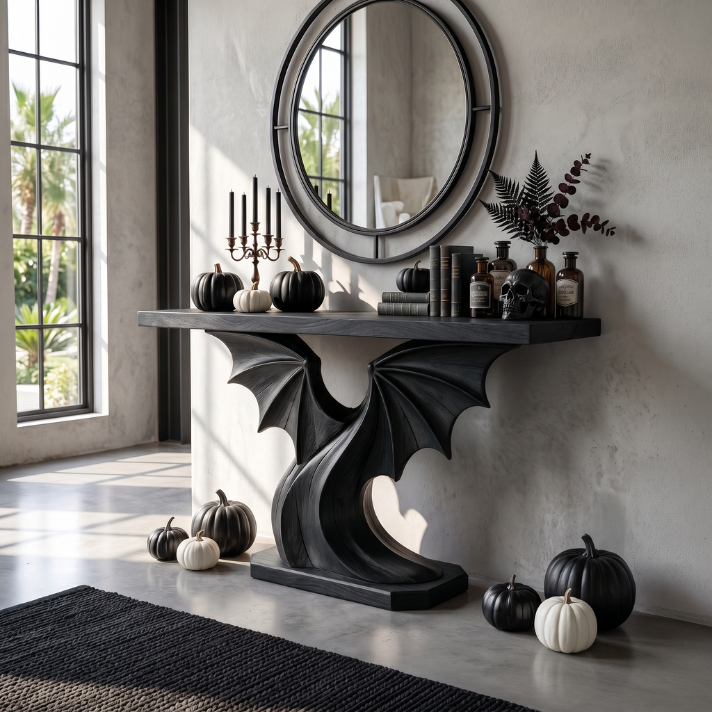 Contemporary Halloween Console Table With Sculptural Bat Wing Design For Entryway And