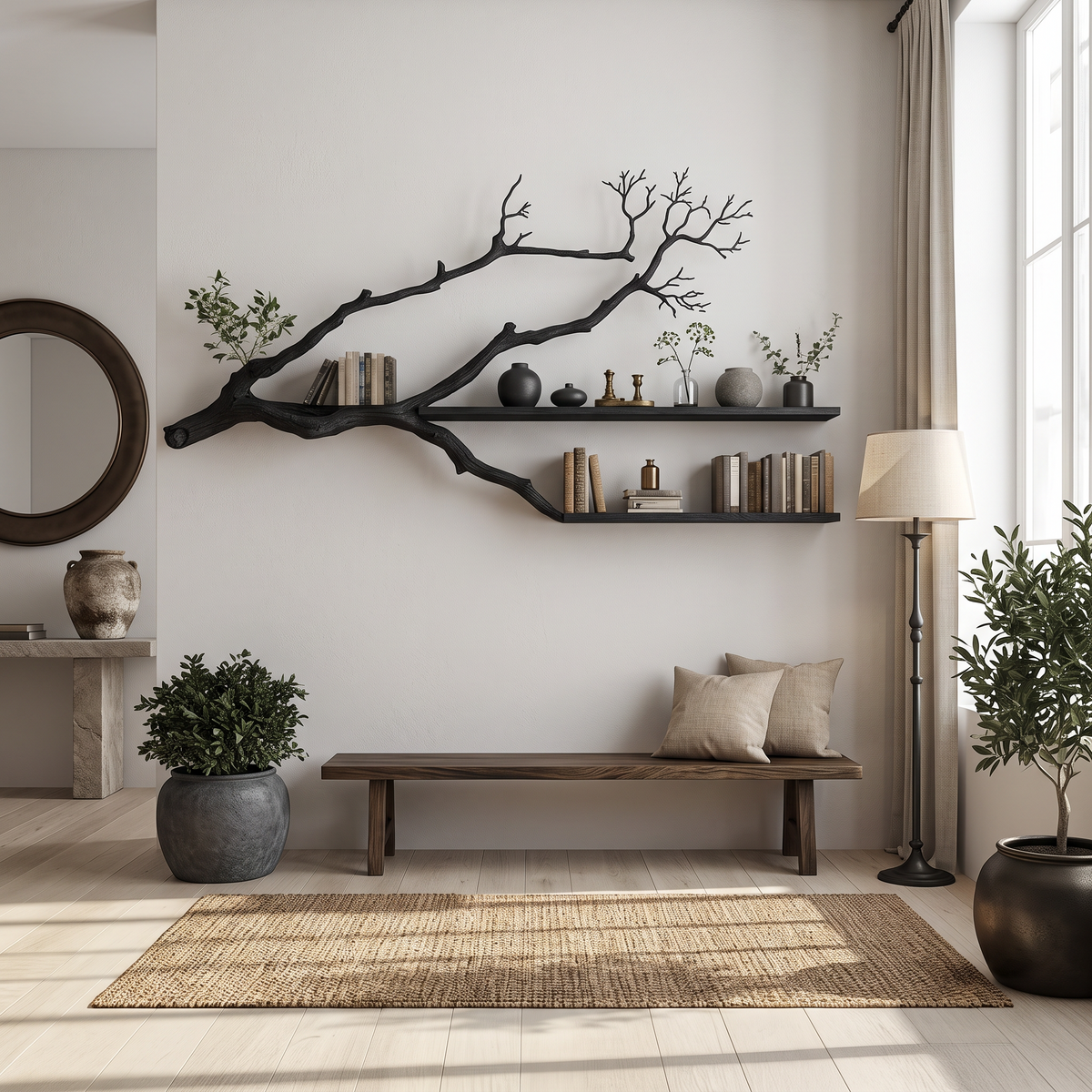 Tree Branch Wall Shelf, Rustic Solid Wood Floating Bookshelf