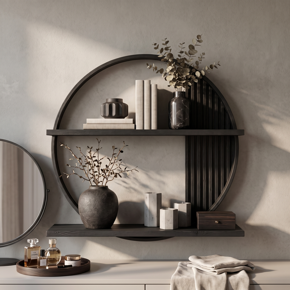 Round Wall Shelf, Contemporary Circular Solid Wood Floating Display