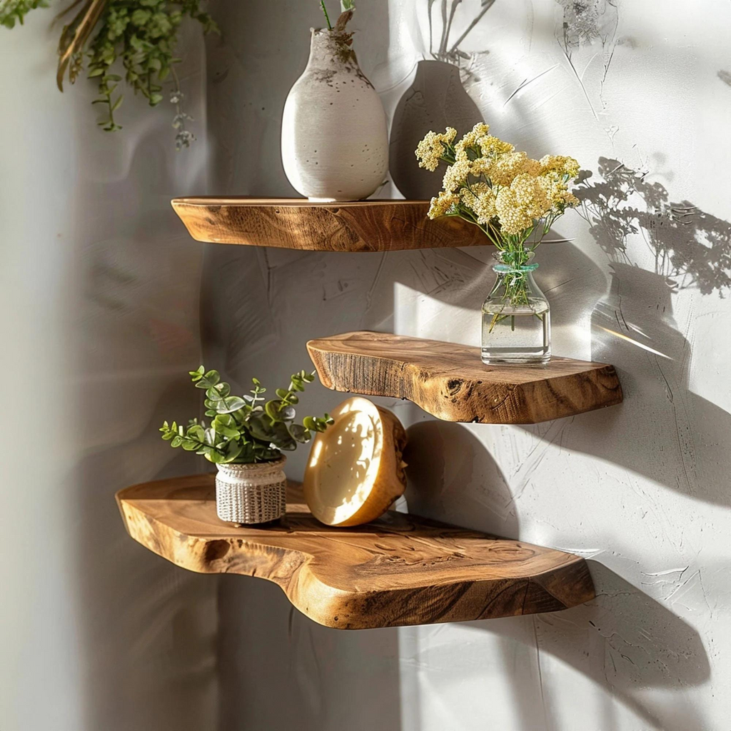 Custom Live Edge Floating Shelf, Dark Brown Wood Wall Shelf