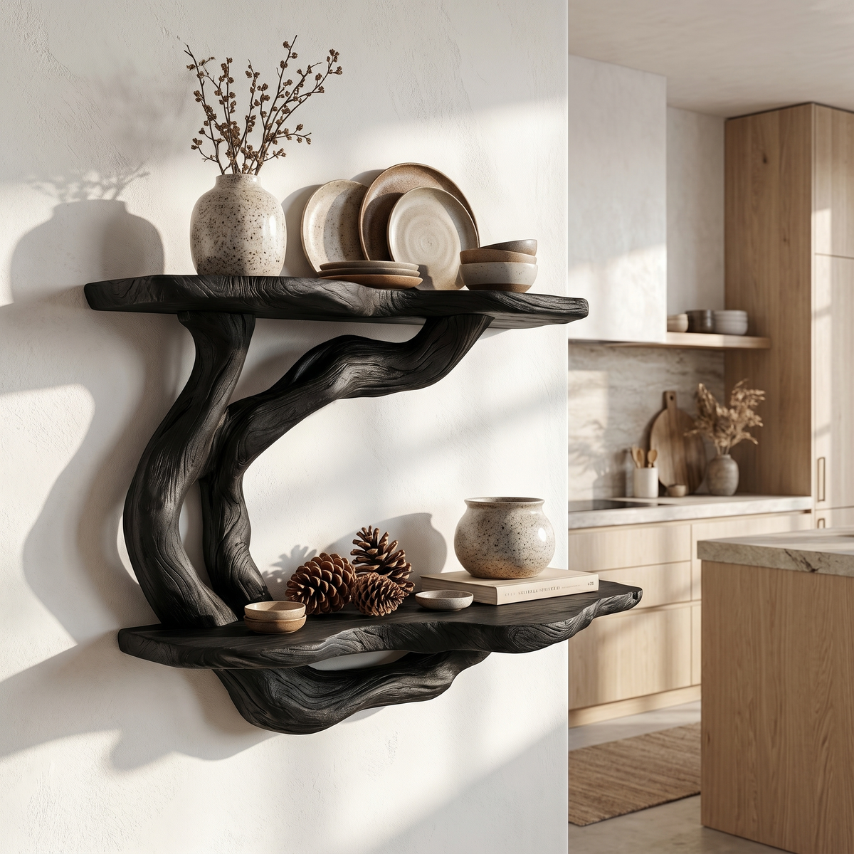 Tree Floating Shelf, Sculptural Wood Wall Shelf for Living Room