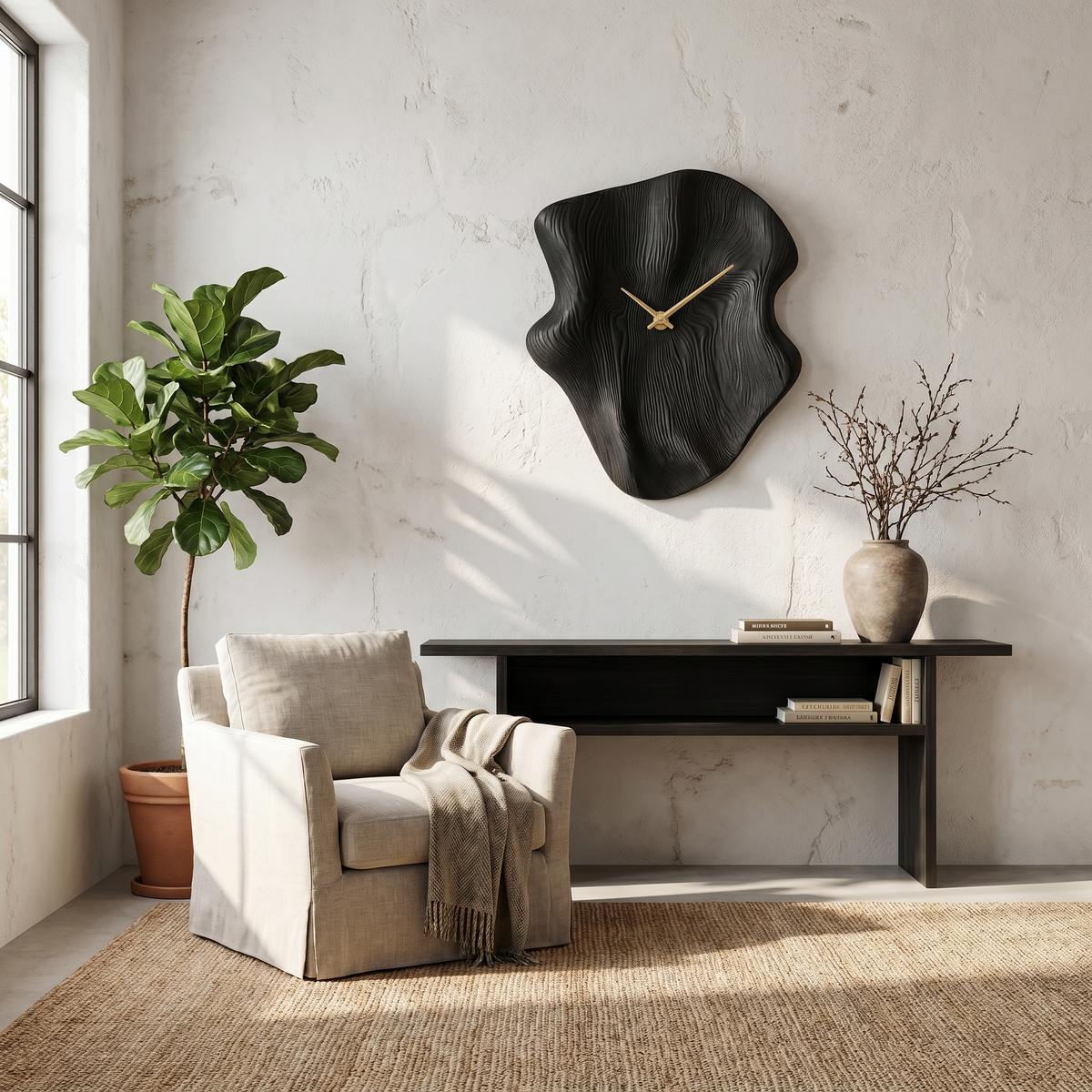 Nature Inspired Wood Wall Clock with Artistic Live Edge Form for Living Room