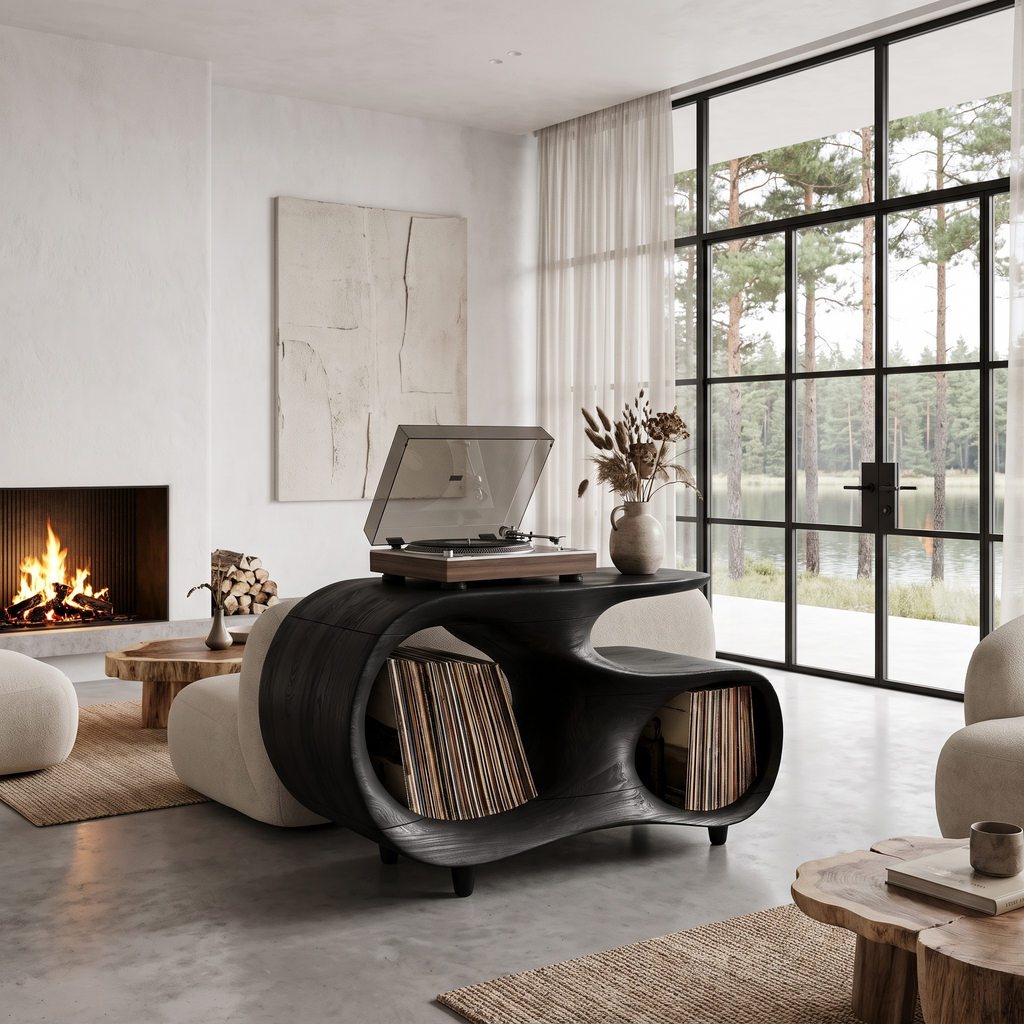 Contemporary Turntable Stand With Flowing Open Frame Design For Entryway