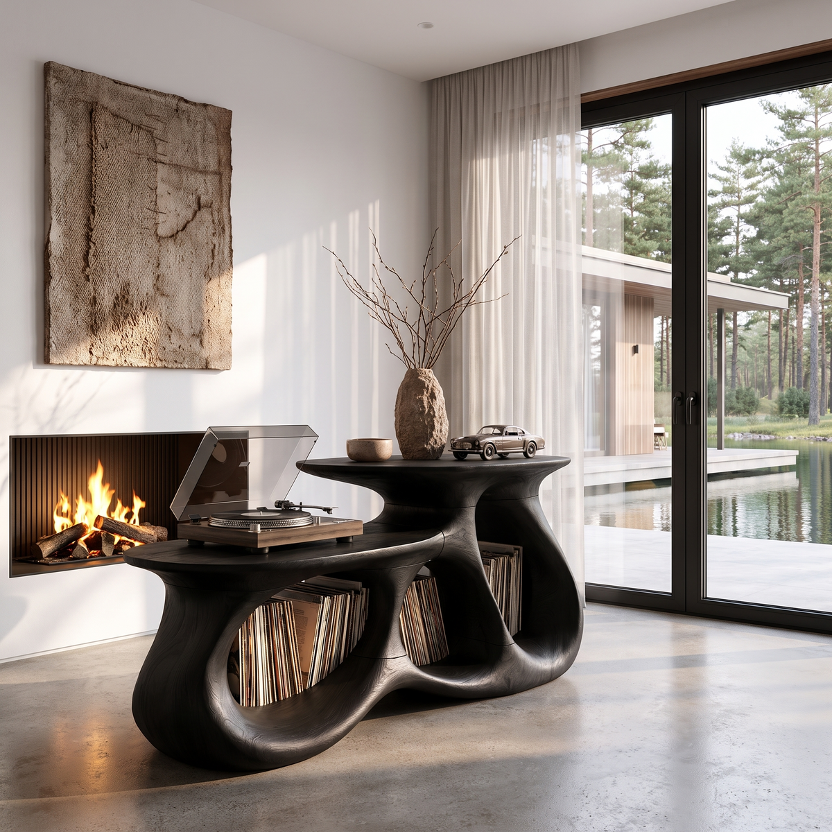Contemporary Vinyl Record Cabinet With Interlocking Curved Forms For Living Room