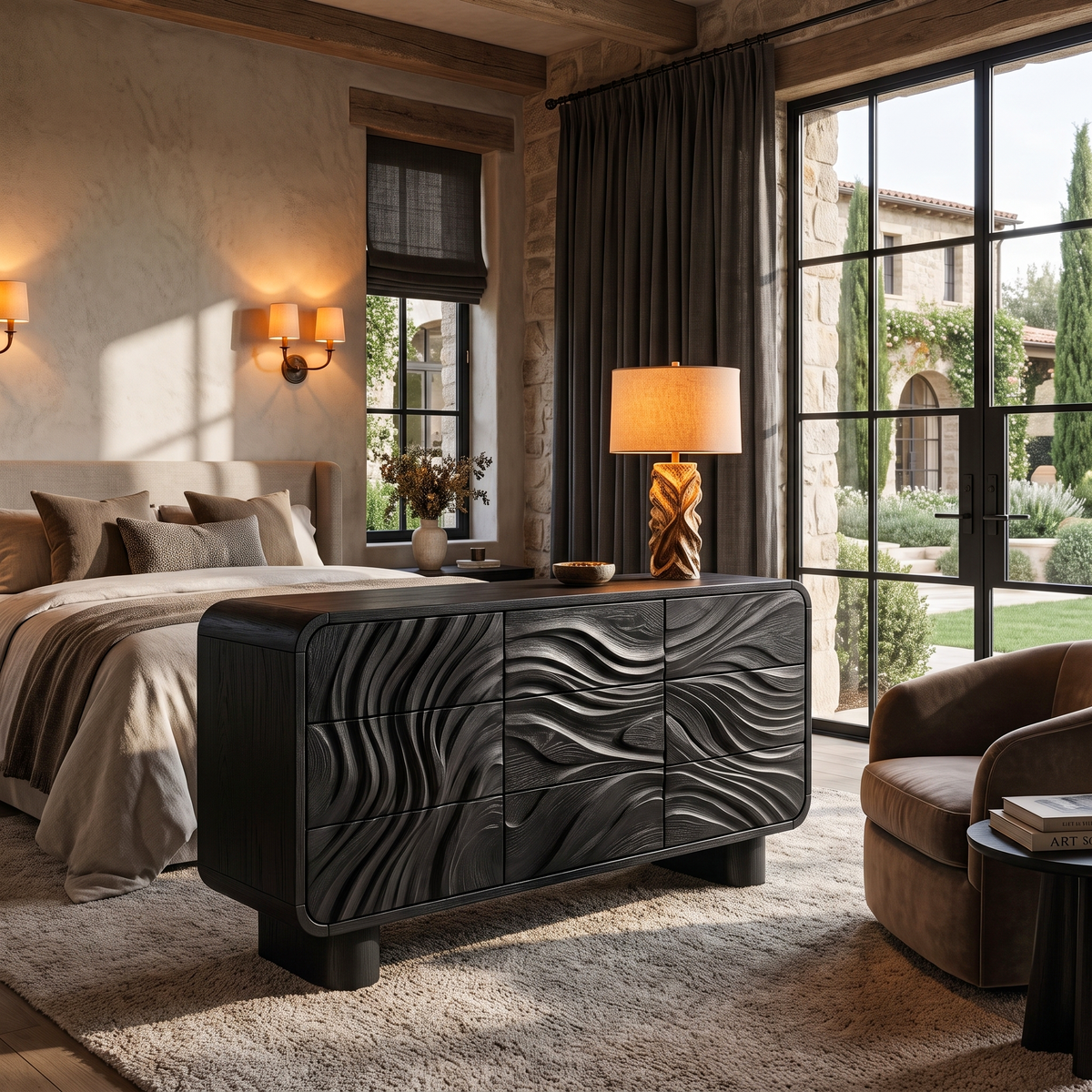 Contemporary Bedroom Dresser Drawers With Sculpted Wave Pattern And Curved Corners For Bedroom