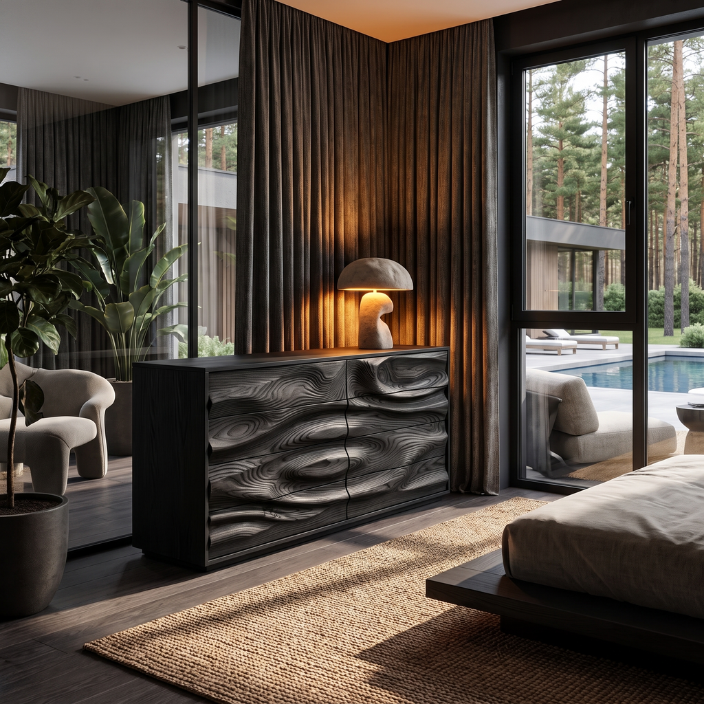 Contemporary Wooden Dresser With Sculpted Ripple Drawers For Bedroom