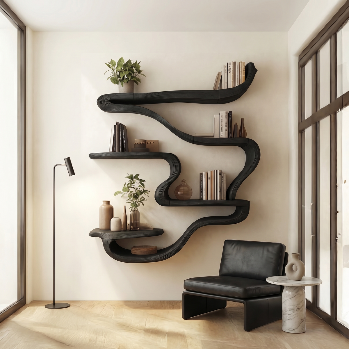 Wall Mounted Bookshelf, Organic Curved Wood Shelf for Reading Room