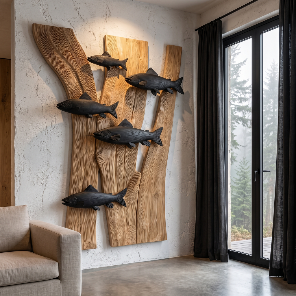 Contemporary Wooden Fish Wall Decor With Sculptural River Scene For Living Room And Entryway