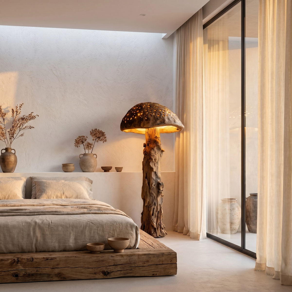 Mushroom Floor Lamp, Carved Tree Trunk Base with Wood Dome Shade