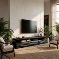 Rustic TV Stand with Wave Carved Drawers and Open Shelf, Solid Wood