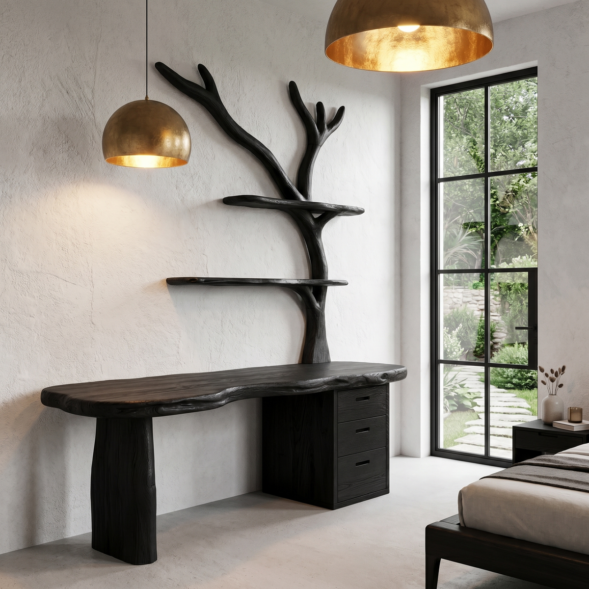 Tree Branch Desk with Bookshelf and Drawers, Live Edge Solid Wood