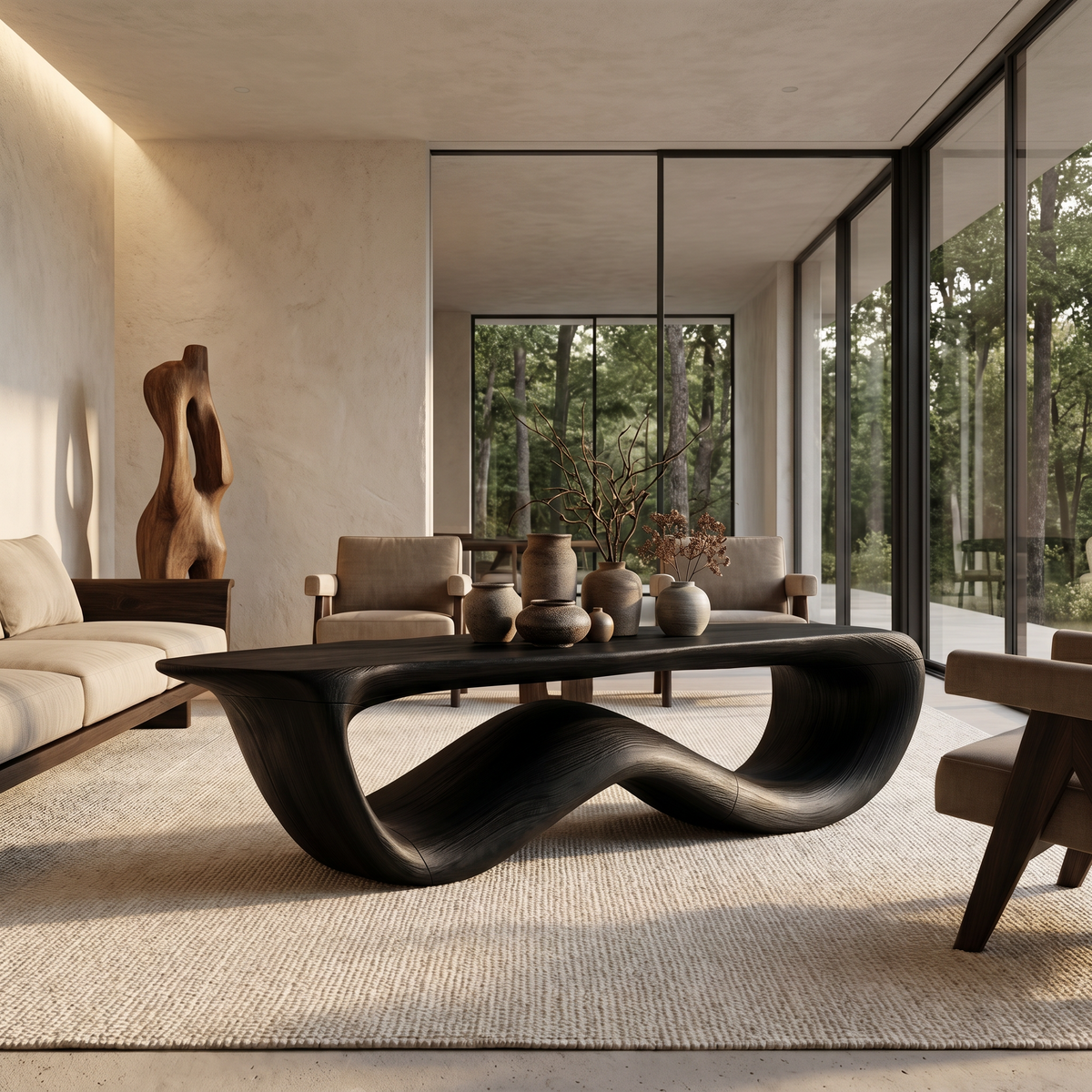 Contemporary Coffee Table With Flowing Solid Wood Silhouette
