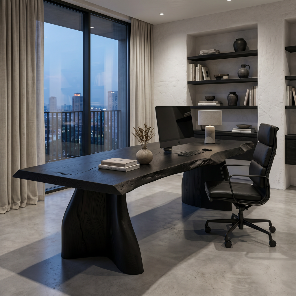 Live Edge Executive Desk, Rustic Solid Wood Desk with Sculptural Base
