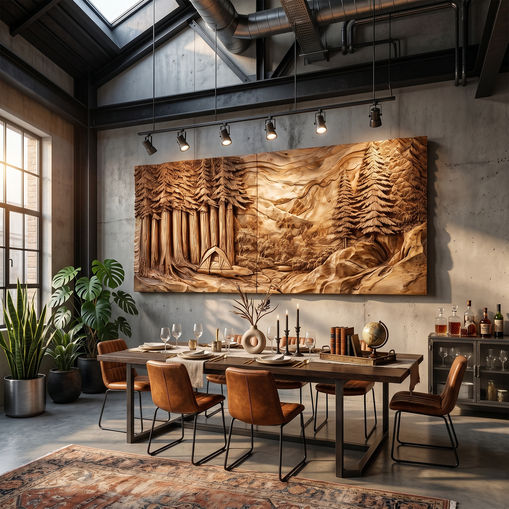 Illuminated Sunset Lake Wood Wall Art, Backlit 3D Forest Mountain Wooden Landscape Panel Decor for Cozy Cabin & Living Room