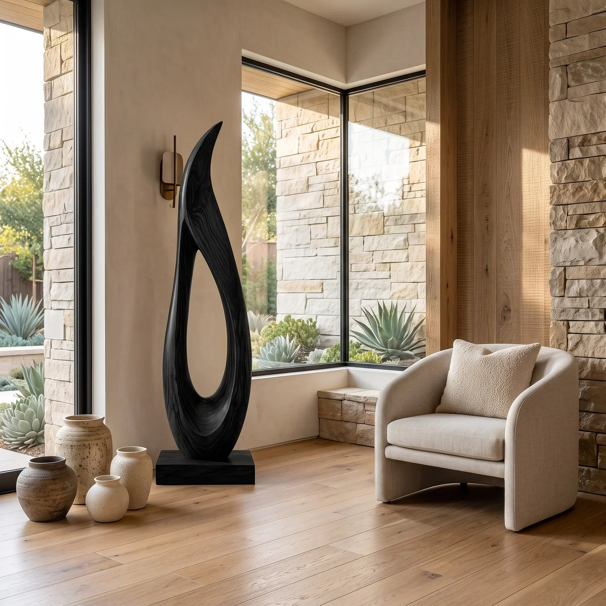 Handcrafted Flame Wood Sculpture For Minimalist Luxury Bathroom Decor