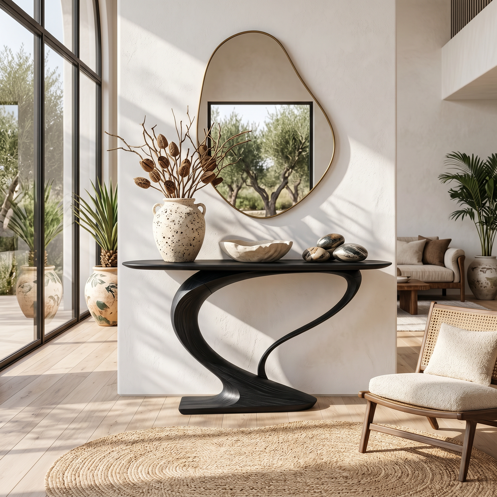 Curved Console Table, Contemporary Sculptural Solid Wood Design